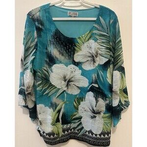 JM Collection Top Womens XL Blue Artsy Studded Sparkle Stretch Artsy Elegant